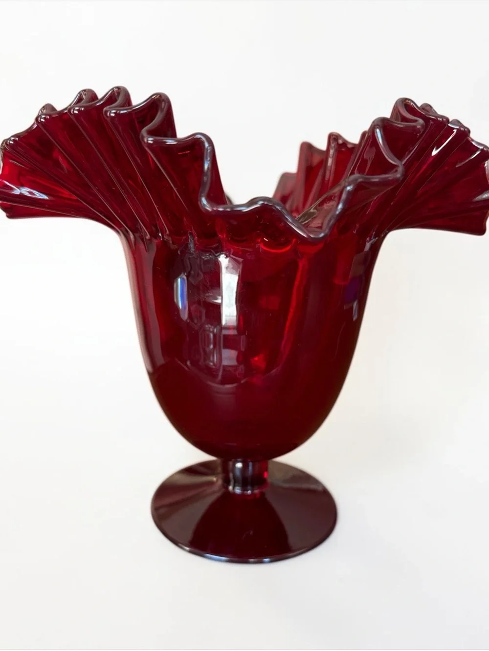 VTG Blenko #388 Ruby Red Art Glass Ruffled Pedestal Vase Mid Century Modern MCM